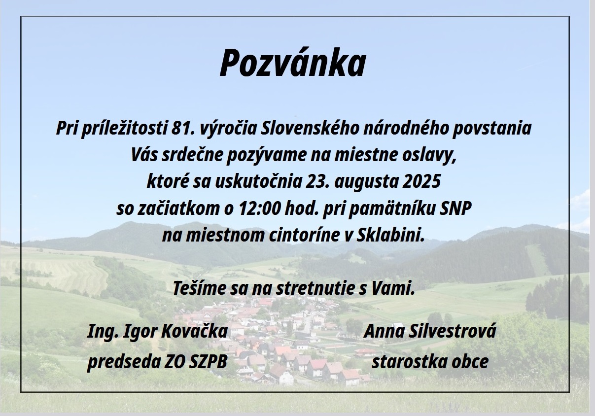 Pozvánka Sklabiňa oslavy SNP